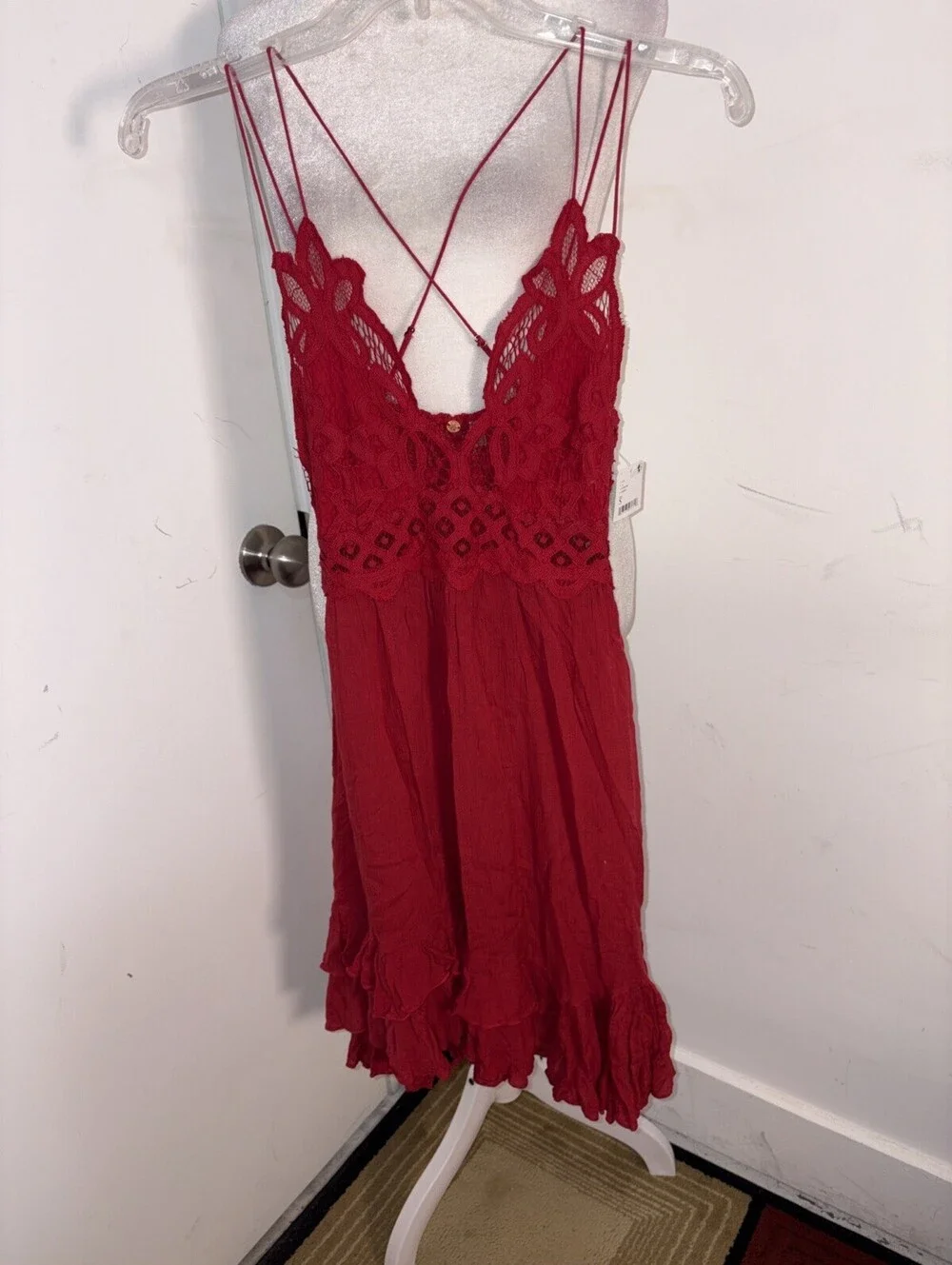 Free People Adella Red Lace Dress Boho Size S Beach Peasant New With Tags
